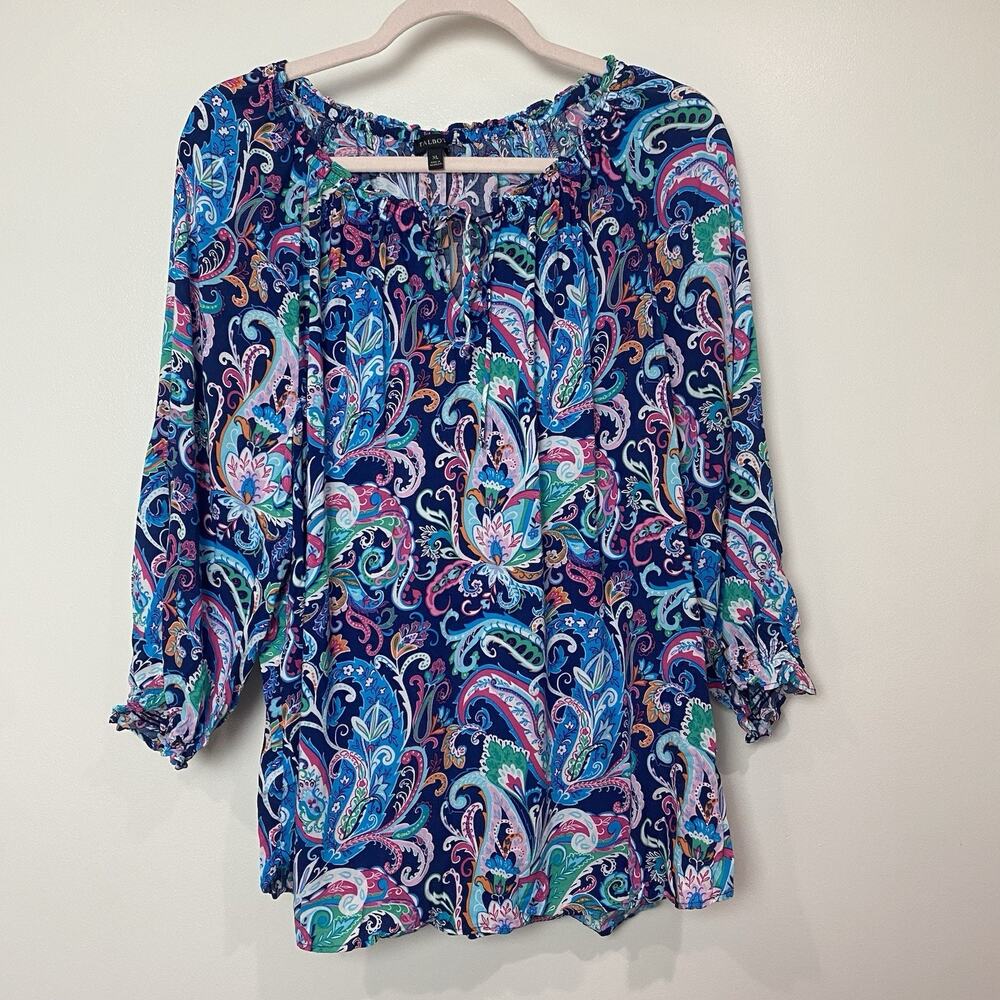 TALBOT'S Women's Sz XL Blue Pink Knit Top 3/4 Sleeves Rayon Tie V Neck Peasant